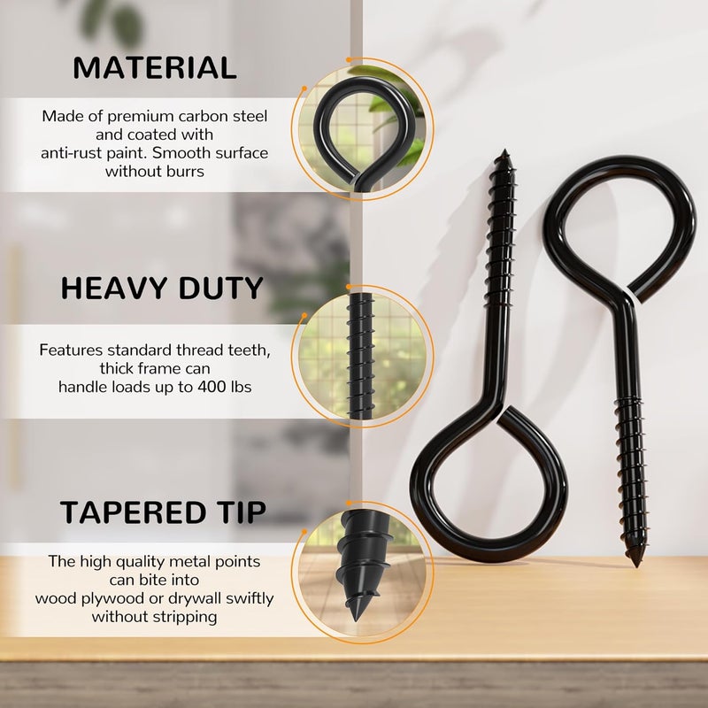 LATZZ 4 Pack 5 Inch Eye Bolts Screw in Hooks, Heavy Duty Black Large Screw in Eye Hooks, Eye Hammock Stand Hooks Screw for Hanging, Tie-Downs, Heavy Indoor & Outdoor Uses - Image 3